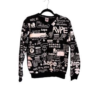 Aape by A Bathing Ape Sweatshirt Boys L Black Allover Logo Fleece Lined Pullover